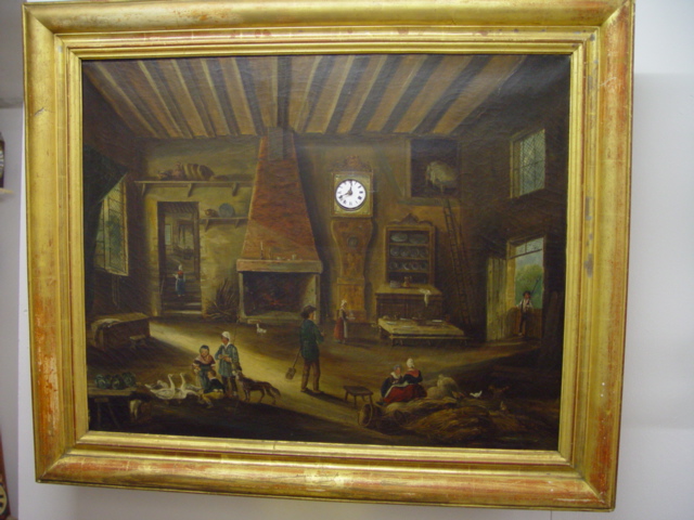 Bilderuhr mit Spielwerk, Öl auf Leinwand